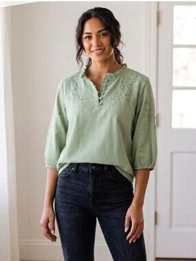 ​Embroidered Floral Ruffle Neck Blouse Sage Green Boho Peasant Top - See Measure